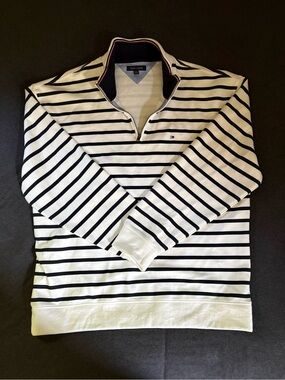 Tommy Hilfiger White and Navy Striped Quarter-Zip Pullover